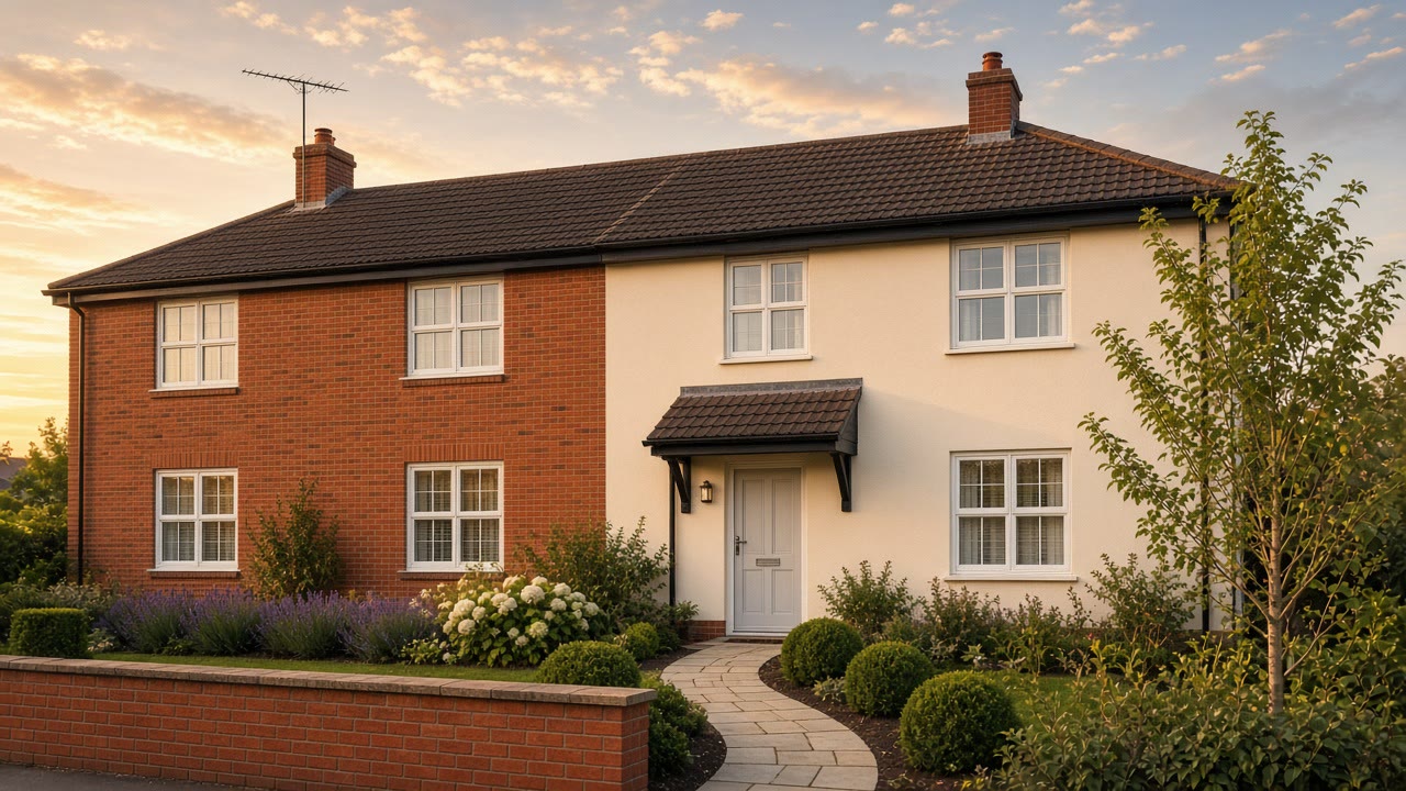 Cream silicone-rendered home with a brick wing and landscaped front garden